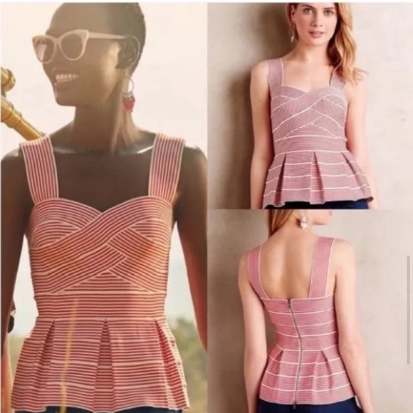 Anthropologie HD in Paris Cabana Peplum Bandage Striped Red White Blouse Medium - Picture 14 of 14